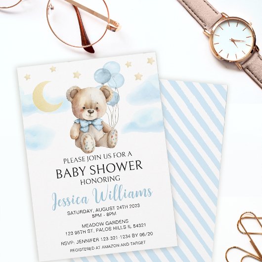 Teddy ours lune et étoiles baby shower invitation