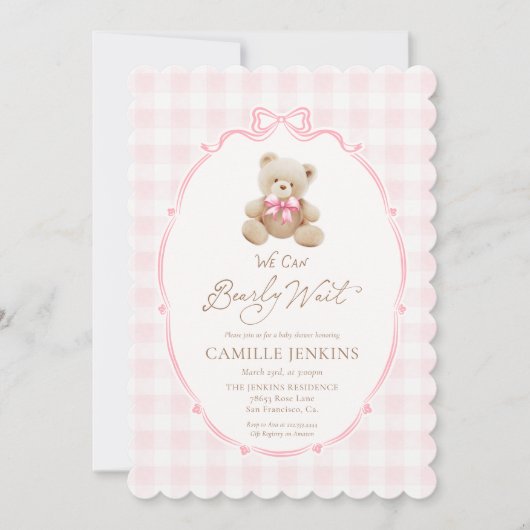 Teddy Ours rose Plaid Girl Baby shower Invitation (Devant)