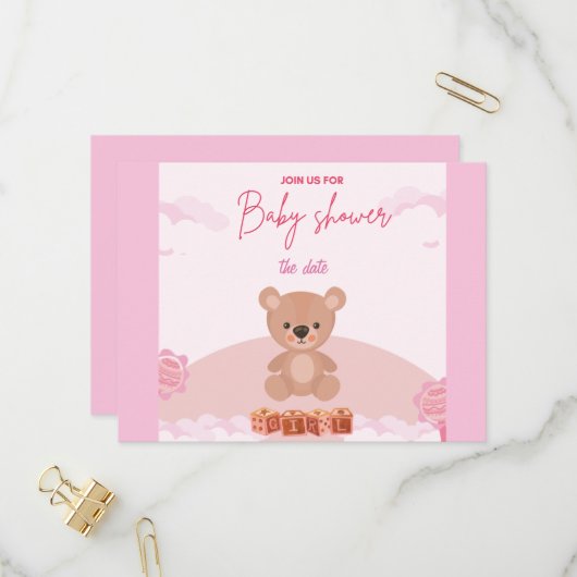 Teddy Pink Beer Girl wacht op baby shower uitnodig Uitnodiging Briefkaart (Voorkant / Achterkant in situ)