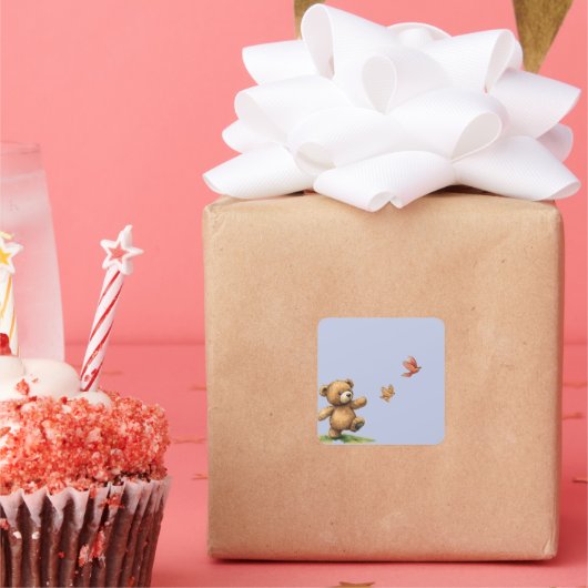 TEDDYBEAR LOPEN VIERKANTE STICKER (Feest)