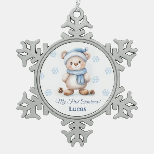 Teddybeer 1e kerst tin sneeuwvlok ornament (Voorkant)
