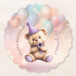 Teddybeer 1e verjaardag kleurrijke ballonnen kartonnen onderzetters
