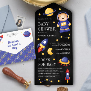 Teddybeer Astronaut in de Ruimte Zwarte Baby Showe All In One Uitnodiging