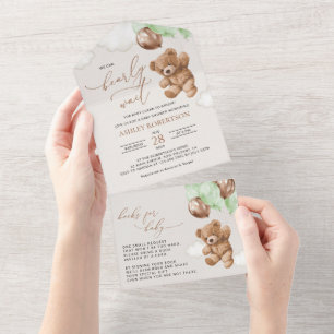 Teddybeer, Baby-Beer, groene ballonnen, Baby showe All In One Uitnodiging
