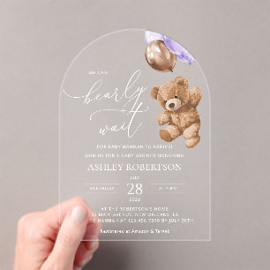 Teddybeer, Baby-Beer, Paarse ballon, Baby shower Acryl Uitnodigingen