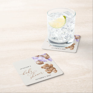 Teddybeer, Baby-Beer, Paarse ballon, Baby shower Vierkante Kartonnen Onderzetter