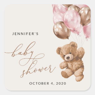 Teddybeer, Baby-Beer, roze ballonnen, Baby shower Vierkante Sticker