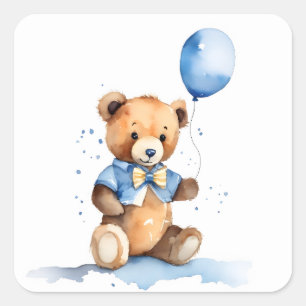 Teddybeer Baby Jongen Met Blauwe Ballon Vierkante Sticker