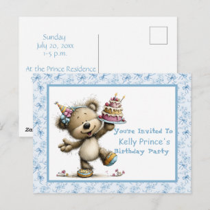 Teddybeer baby jongen verjaardagsuitnodiging briefkaart
