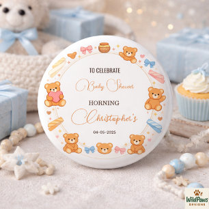 Teddybeer baby shower jongen   Cute Blauwe Beer Ronde Button 3,2 Cm