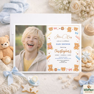 Teddybeer baby shower voor jongens Mooie blauwe Kaart
