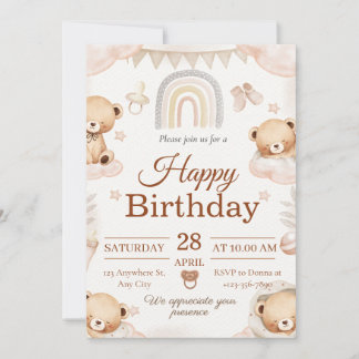 Teddybeer baby verjaardagsuitnodiging kaart