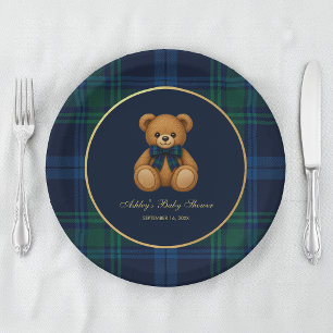 Teddybeer Babyfeest Jongen Blauw Groen Geruit Prep Papieren Bordje