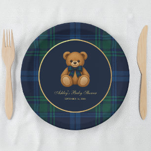 Teddybeer Babyfeest Jongen Blauw Groen Geruit Prep Papieren Bordje