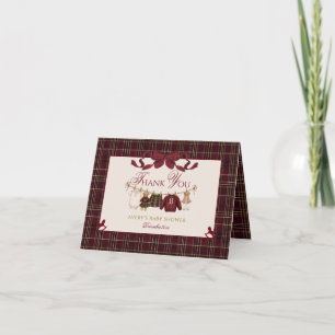 Teddybeer Babyshower Meisje Geruit Burgundy Strik Bedankkaart