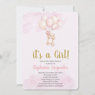Teddybeer babyshower meisje kaart