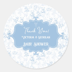 Teddybeer Babyshower Toile Blauw Bedankt Ronde Sticker