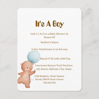 Teddybeer Babyshower Uitnodiging Jongen,