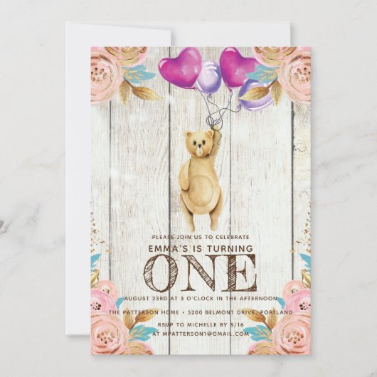 Teddybeer ballon eerste verjaardag rustiek kaart (Voorkant)