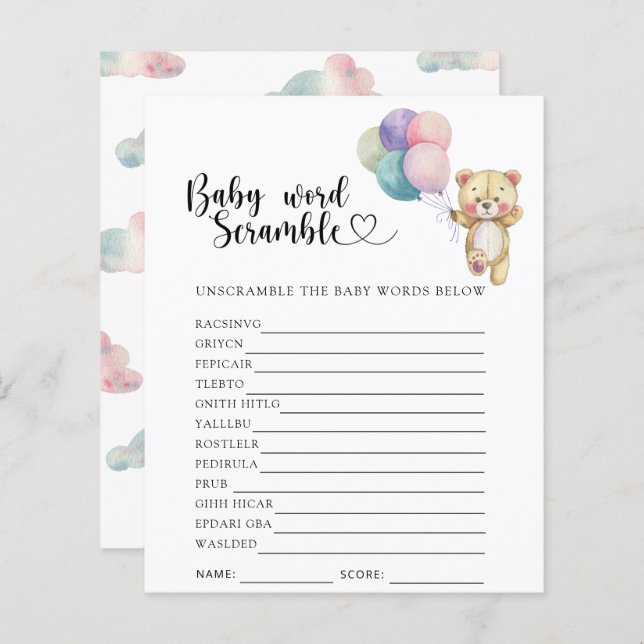 Teddybeer ballonnen - Baby Word Scramble Game (Voorkant / Achterkant)