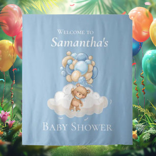 Teddybeer Ballonnen Blauwe Babyshower achtergronds Wandkleed