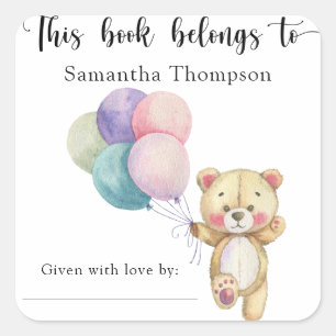Teddybeer ballonnen - dit boek behoort toe vierkante sticker