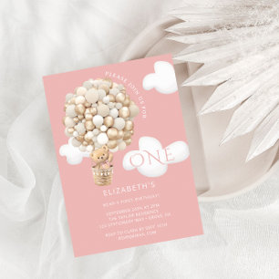 Teddybeer ballonnen meisje 1e verjaardag uitnodigi kaart