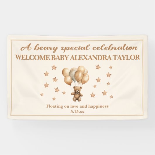Teddybeer ballonnen omhoog en weg Baby shower Spandoek (Horizontaal)