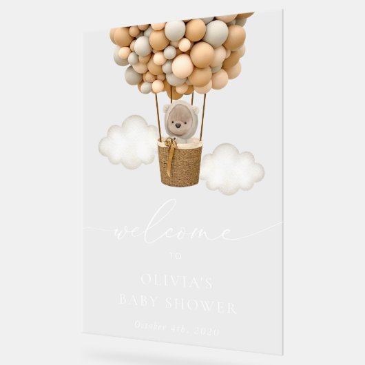 Teddybeer, beige ballonnen, Baby shower welkom Acryl Bord (Hoek)