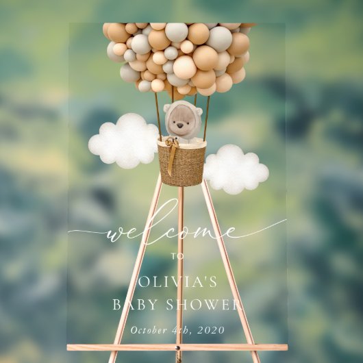 Teddybeer, beige ballonnen, Baby shower welkom Acryl Bord (Neutraal)