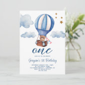 Teddybeer Blauw 1e verjaardag uitnodiging (Staand voorkant)