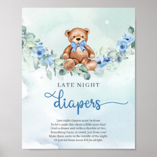 Teddybeer blauw bloemenspel Late Night Luiers spel Poster