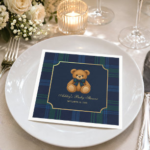 Teddybeer Blauw Groen Geruit Preppy Jongen Baby Sh Servet