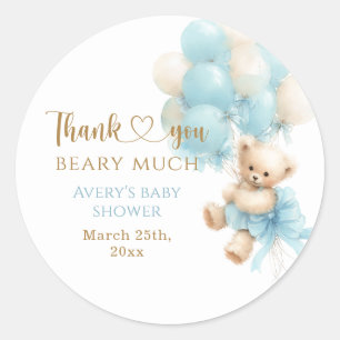 Teddybeer Blauwe Ballon Boog Baby Jongens Shower Ronde Sticker