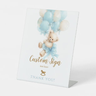 Teddybeer Blauwe Ballon Strik Baby Jongens Shower Reclamebord Met Voetstuk
