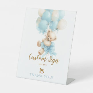 Teddybeer Blauwe Ballon Strik Baby Jongens Shower Reclamebord Met Voetstuk