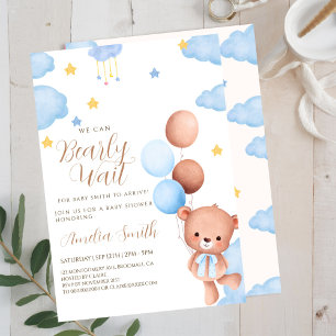 Teddybeer Blauwe Ballonnen Baby Shower Kaart