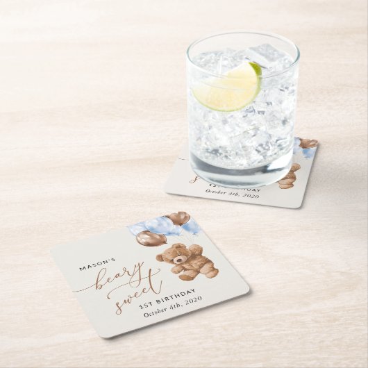 Teddybeer, blauwe ballonnen, eerste verjaardag vierkante kartonnen onderzetter (Insitu)