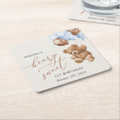 Teddybeer, blauwe ballonnen, eerste verjaardag vierkante kartonnen onderzetter (Schuin)