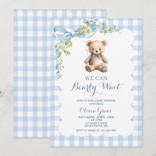 Teddybeer Blauwe Geruite Baby Shower Uitnodiging