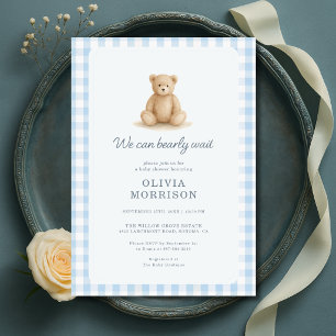 Teddybeer Blauwe Gingham Jongens Baby Shower Kaart