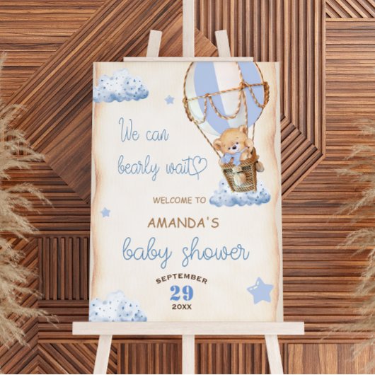 Teddybeer Blauwe Hete Luchtballon & Wolken Welkom Poster