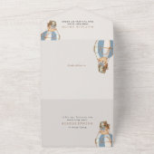 Teddybeer, blauwe heteluchtballon, eerste verjaard all in one uitnodiging (Buitenkant)