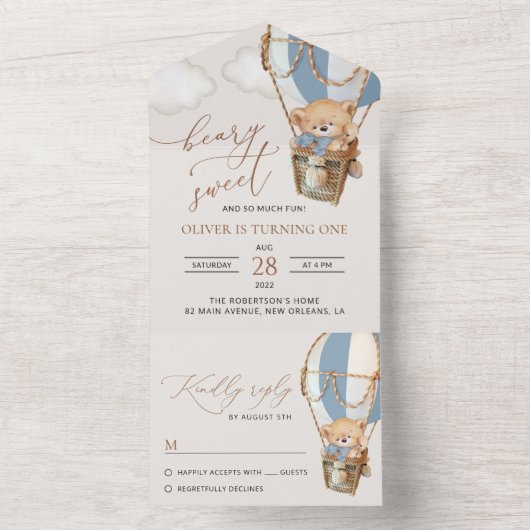 Teddybeer, blauwe heteluchtballon, eerste verjaard all in one uitnodiging (Binnen)