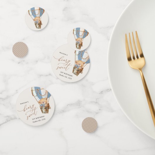 Teddybeer, blauwe heteluchtballon, eerste verjaard confetti (Groep)