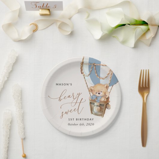 Teddybeer, blauwe heteluchtballon, eerste verjaard papieren bordje (Huwelijk)