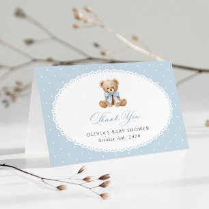 Teddybeer, Blauwe Strik, Blauwe Stippen, Baby Show Bedankkaart