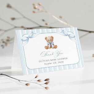 Teddybeer, Blauwe Strik, Blauwe Strepen, Baby Show Bedankkaart