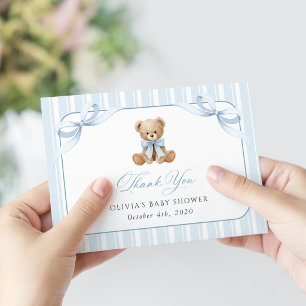 Teddybeer, Blauwe Strik, Blauwe Strepen, Baby Show Bedankkaart