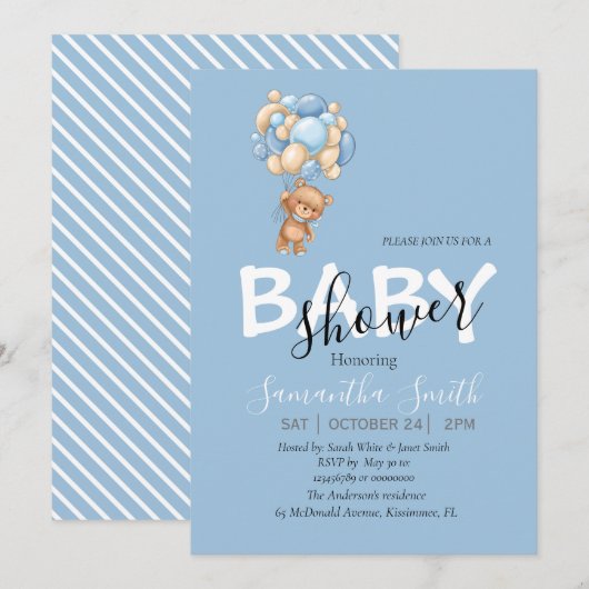 Teddybeer blauwe uitnodigingen (Voorkant / Achterkant)